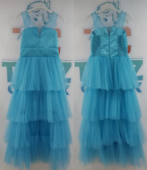 Önü Kısa Arkası Uzun Kat Kat Tül Etekli Kız Çocuk Abiye Elbise - Resim 2