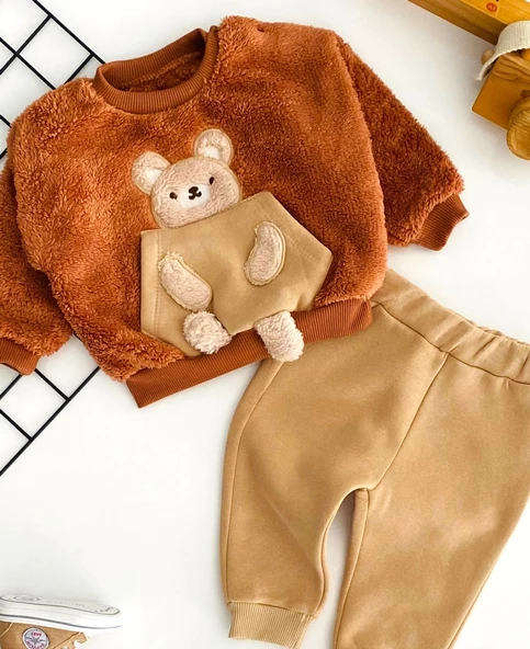 Neşeli Bebekler Ayıcık Nakışlı Üst Welsoft Alt Üç İp Polar Takım Kahve - 2