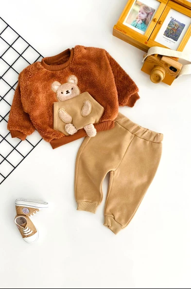 Neşeli Bebekler Ayıcık Nakışlı Üst Welsoft Alt Üç İp Polar Takım Kahve
