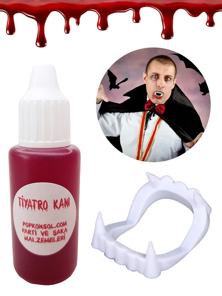 Vampir Kanı Ve Vampir Dişi Set Yapay Kan Parti Şaka Malzemesi Beyaz ürün görseli
