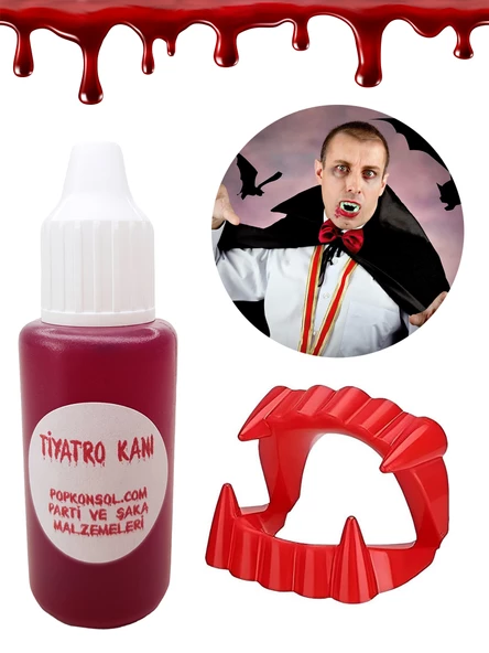Vampir Kanı Ve Vampir Dişi Set Yapay Kan Parti Şaka Malzemesi Kırmızı