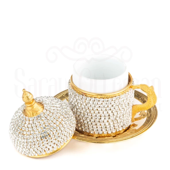 Kahve Fincanı Seti Dekoratif Hediyelik Sade Taş Sarmaşık 6'lı Türk Kahve Fincanı Takımı Altın - 4