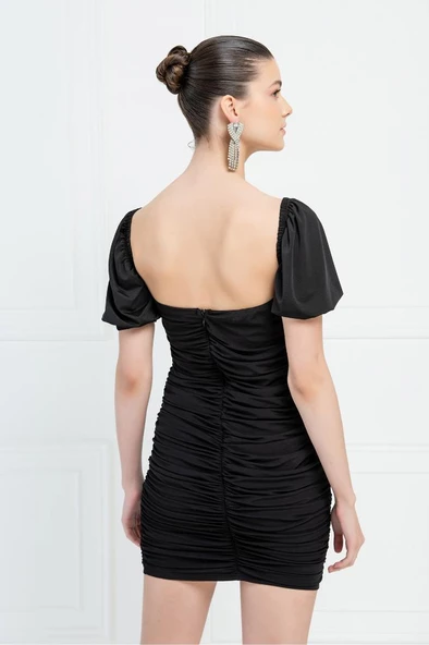 OLLEVRA Siyah Kare Yaka Büzgülü Elbise Kadın - 6