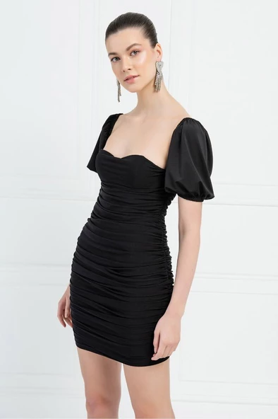 OLLEVRA Siyah Kare Yaka Büzgülü Elbise Kadın - 8