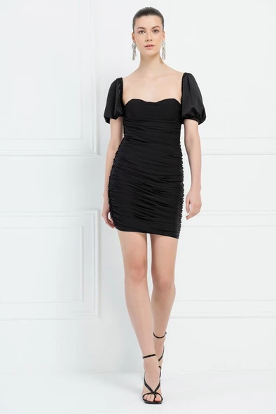 OLLEVRA Siyah Kare Yaka Büzgülü Elbise Kadın - 7