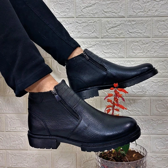 M.P 4204 Siyah Hakiki Deri Bağacaksız Fuspetli Sıcak Astar Erkek Bot - 4