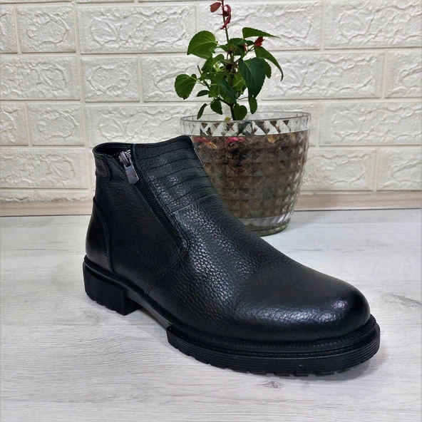 M.P 4204 Siyah Hakiki Deri Bağacaksız Fuspetli Sıcak Astar Erkek Bot - 11