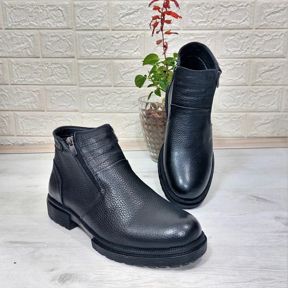 M.P 4204 Siyah Hakiki Deri Bağacaksız Fuspetli Sıcak Astar Erkek Bot - 9