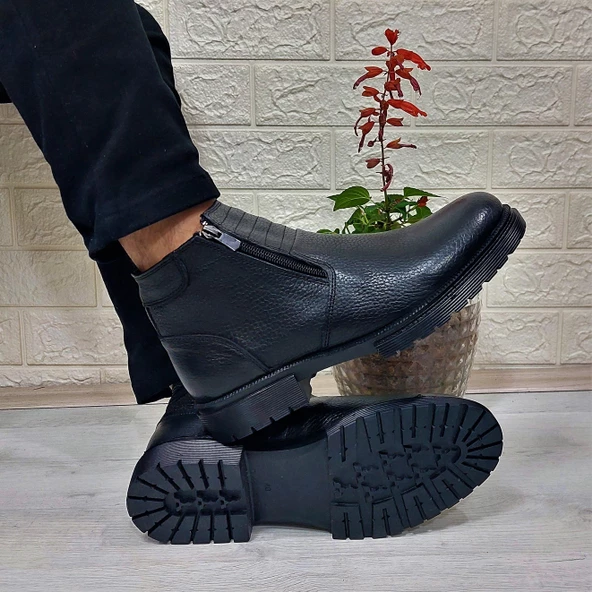 M.P 4204 Siyah Hakiki Deri Bağacaksız Fuspetli Sıcak Astar Erkek Bot - 2