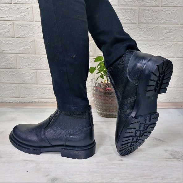 M.P 4204 Siyah Hakiki Deri Bağacaksız Fuspetli Sıcak Astar Erkek Bot - 7