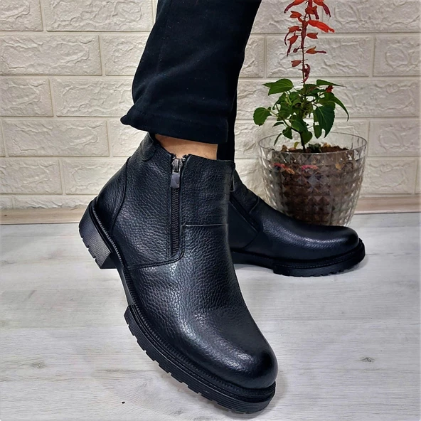 M.P 4204 Siyah Hakiki Deri Bağacaksız Fuspetli Sıcak Astar Erkek Bot - 5