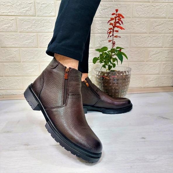 M.P 4204 Kahve Hakiki Deri Bağacaksız Fuspetli Sıcak Astar Erkek Bot - 5