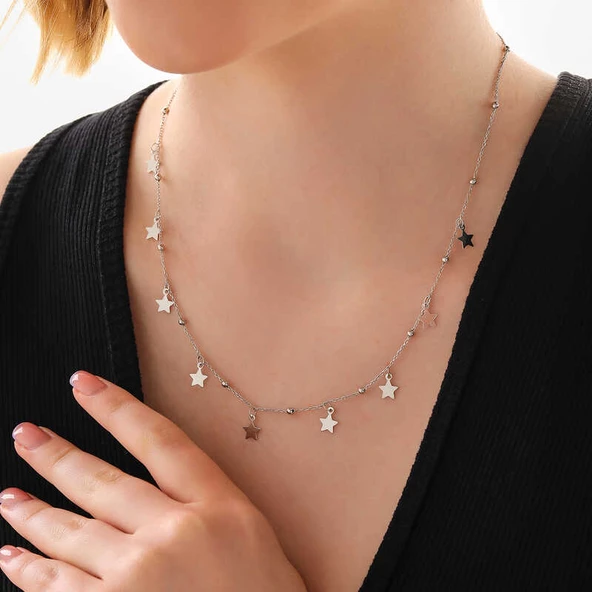 925 Ayar Gümüş Yıldızlı Dorika Kadın Gümüş Kolye - Resim 3