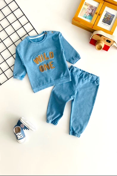 Neşeli Bebekler Wild One Nakışlı Kot Takım Mavi ürün görseli