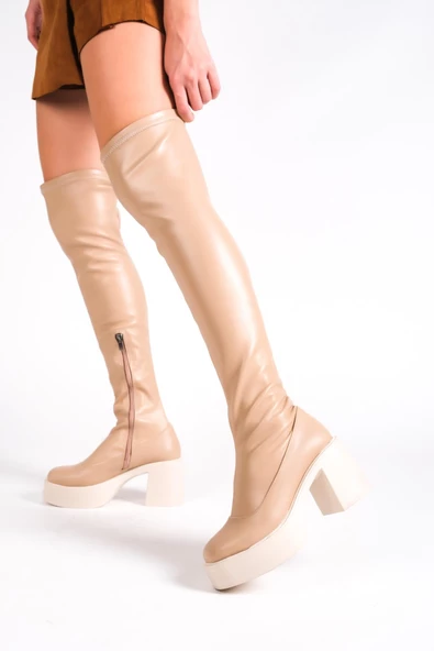 Urla Ten Mat Kalın Platform Topuklu Streç Esnek Dizüstü Çizme - 2