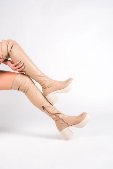 Urla Ten Mat Kalın Platform Topuklu Streç Esnek Dizüstü Çizme - 4