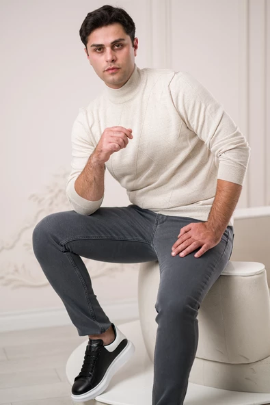 San&fa Regular Fit Yarım Balıkçı Kendinden Desenli Pamuklu Erkek Kazak