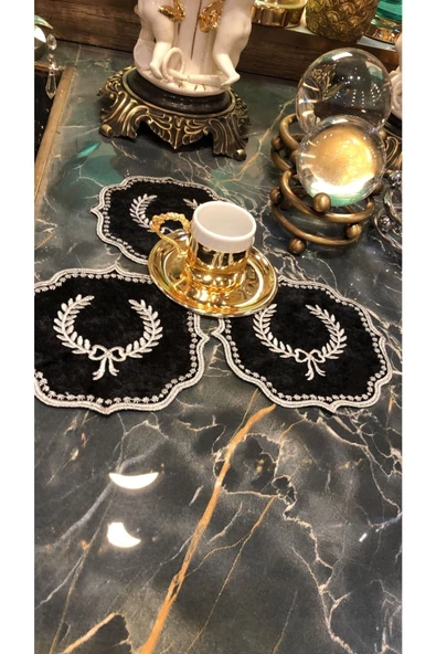 Arma Siyah Gold 6lı Kokteyl Kahve Sunum Peçetesi Maraş İşi Sırma Nakış İşlemeli Gardenya Sunumluk - 2