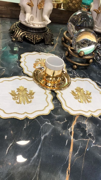 Liva Gold 6lı Kokteyl Kahve Sunum Peçetesi Maraş İşi Sırma Nakış İşlemeli Gardenya Sunumluk - 3