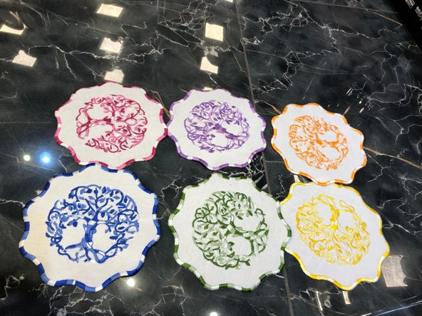 Multicolor 6lı Kokteyl Kahve Sunum Peçetesi Maraş İşi Sırma Nakış İşlemeli Gardenya Sunumluk - 3