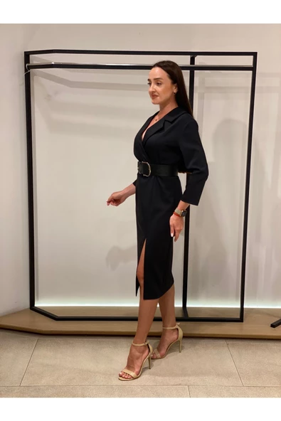 Modatalika Kadın Midi Boy Özel Tasarım Kemerli Önü Yırtmaçlı Uzun Kol Elbise - Resim 4