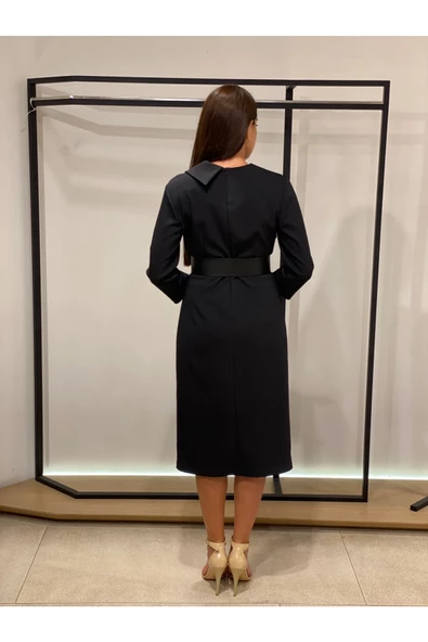 Modatalika Kadın Midi Boy Özel Tasarım Kemerli Önü Yırtmaçlı Uzun Kol Elbise - Resim 3