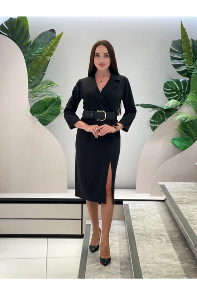 Modatalika Kadın Midi Boy Özel Tasarım Kemerli Önü Yırtmaçlı Uzun Kol Elbise ürün görseli