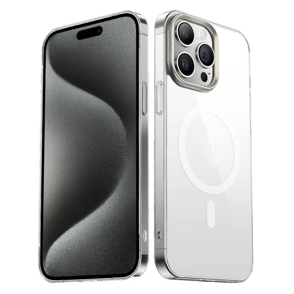 iPhone 15 Pro Max Kılıf  Wireless Şarj Özellikli Şeffaf G-Glass Kapak Kılıf - Resim 7