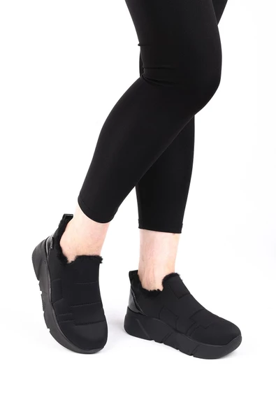 Lussi Siyah Renkli Paraşüt Kumaş Kışlık İçi Tüylü Kadın Spor Ayakkabı - 2