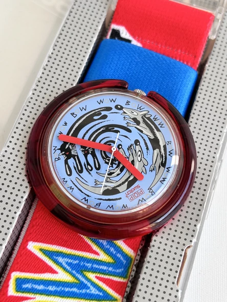 Swatch Pop Meeooow 46,5mm Lastik Kordon 1992 Vintage Kol Saati (S-038) - Resim 4