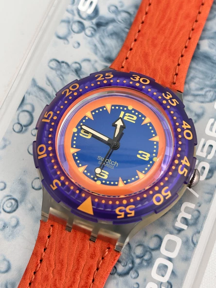 Swatch Scuba Red Island 40mm Deri Kordon 1992 Vintage Kol Saati (S-053) - 4