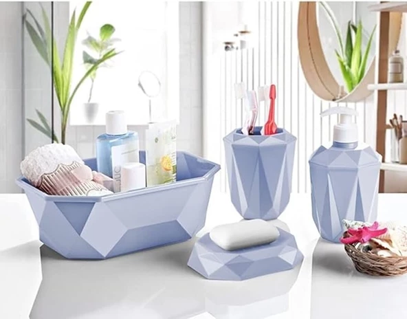 Prizma 4'lü Banyo Seti  - Banyo Organizer - Banyo Dekorasyon Seti Buz Mavi - 3