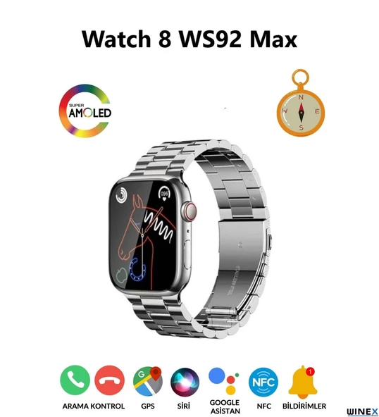 Winex Watch 8 WS92 Max Amoled Ekran Android İos HarmonyOs Uyumlu Akıllı Saat Gümüş - 3