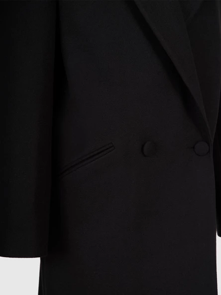 Oversize Siyah Kaşe Kruvaze Kaban - 3