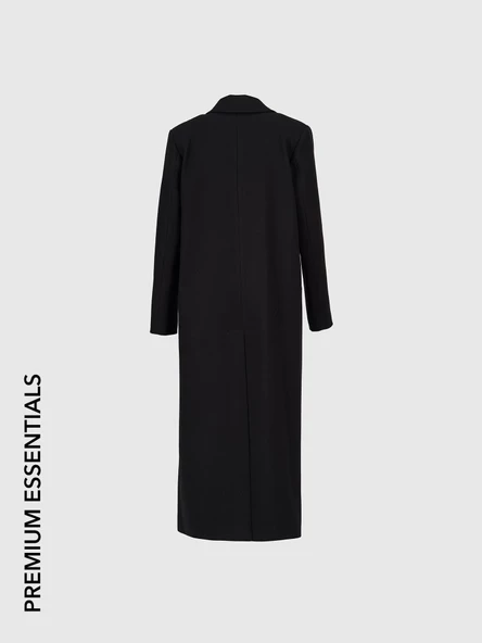 Oversize Siyah Kaşe Kruvaze Kaban - 2