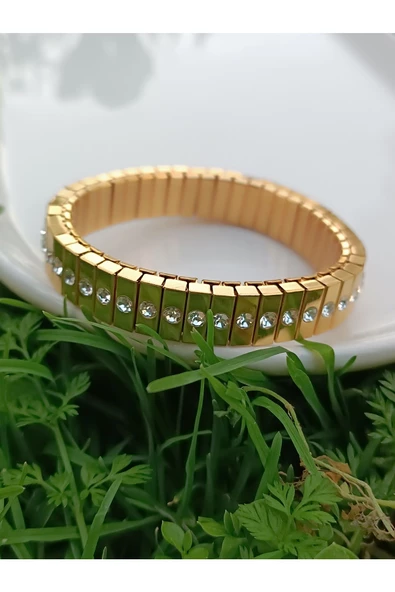 Şık Ve Modern Çelik tek şeritli zirkon taşlı altın Renk Bileklik - Resim 2