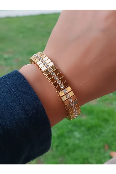 Şık Ve Modern Çelik tek şeritli zirkon taşlı altın Renk Bileklik ürün görseli 1