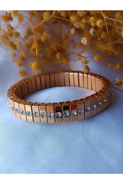 Şık Ve Modern Çelik tek şeritli zirkon taşlı altın Renk Bileklik - Resim 3