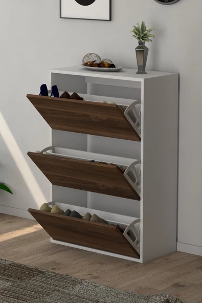 Moonlife 3 Kapaklı Kayar Raflı Ayakkabılık Ceviz - 8