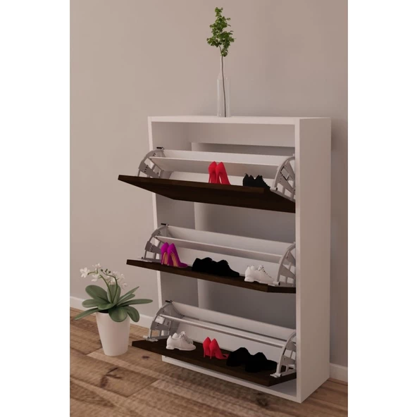 Moonlife 3 Kapaklı Kayar Raflı Ayakkabılık Ceviz - 2