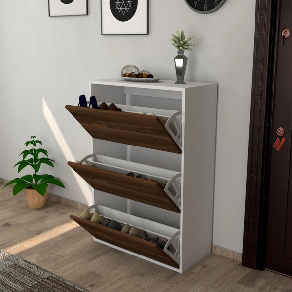 Moonlife 3 Kapaklı Kayar Raflı Ayakkabılık Ceviz - 4