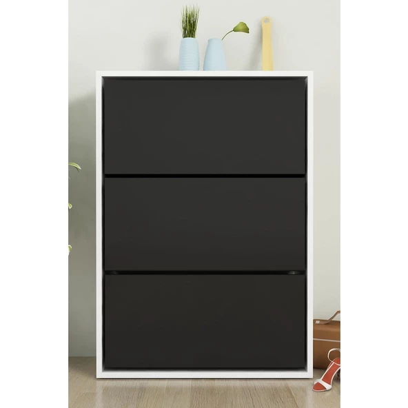 Moonlife 3 Kapaklı Kayar Raflı Ayakkabılık Siyah - 7