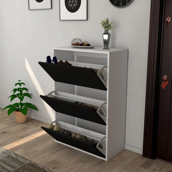 Moonlife 3 Kapaklı Kayar Raflı Ayakkabılık Siyah - 2