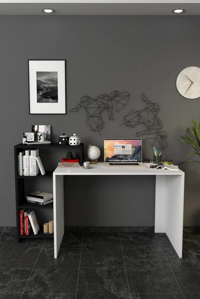 Moonlife Ahsen Kitaplıklı Çalışma Masası Beyaz Siyah - 2
