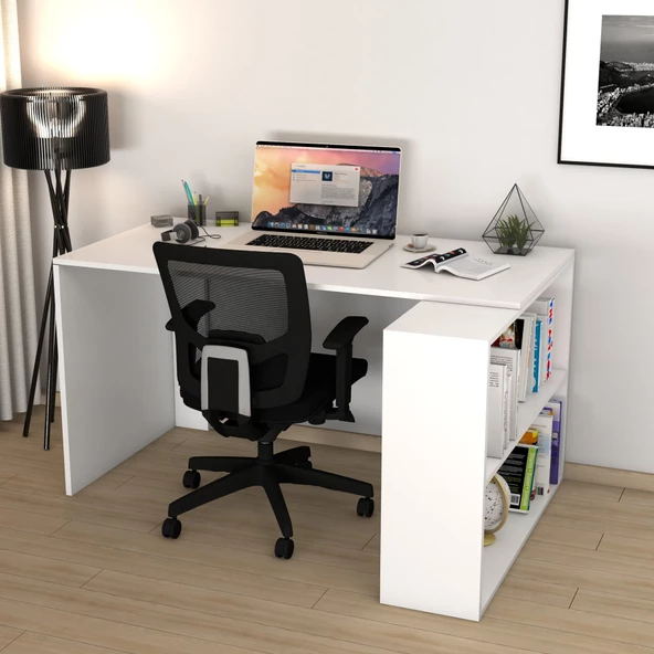 Moonlife Atlas Kitaplıklı Çalışma Masası Beyaz - 3