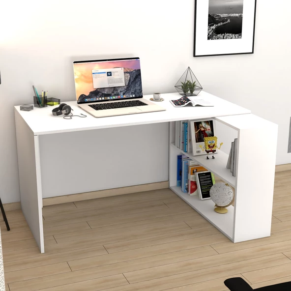 Moonlife Atlas Kitaplıklı Çalışma Masası Beyaz - 5
