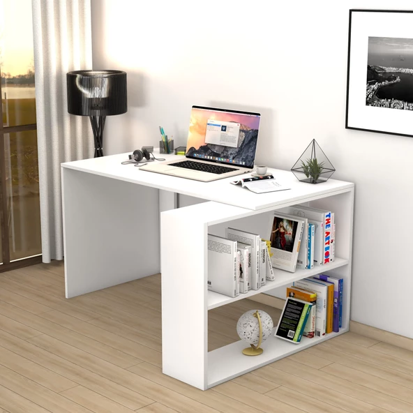 Moonlife Atlas Kitaplıklı Çalışma Masası Beyaz - 4