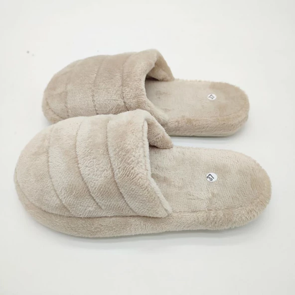 Yatay Dikişli Pofuduk Kadın Terlik Krem Renk - 10