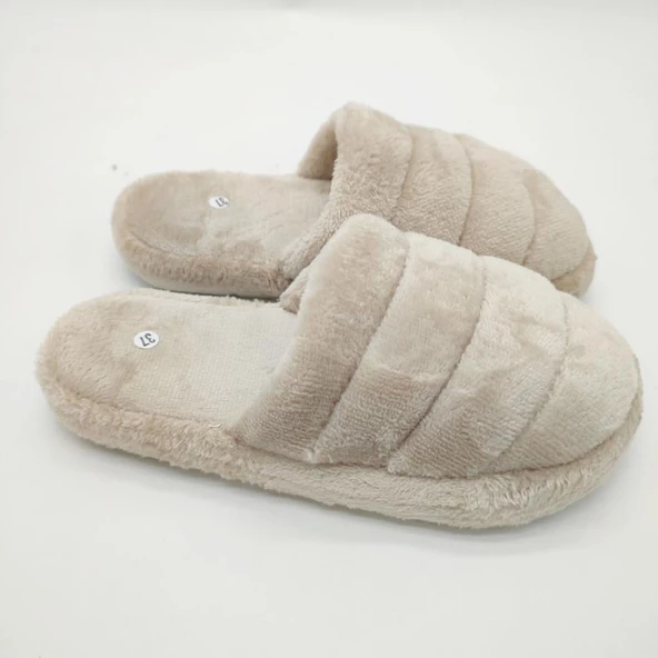 Yatay Dikişli Pofuduk Kadın Terlik Krem Renk - 12