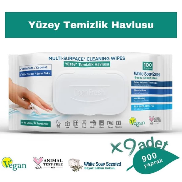 Deep Fresh İz Bırakmaz Yüzey Temizlik Havlusu Karbonat & Beyaz Sirke 100 Yaprak 9 Adet